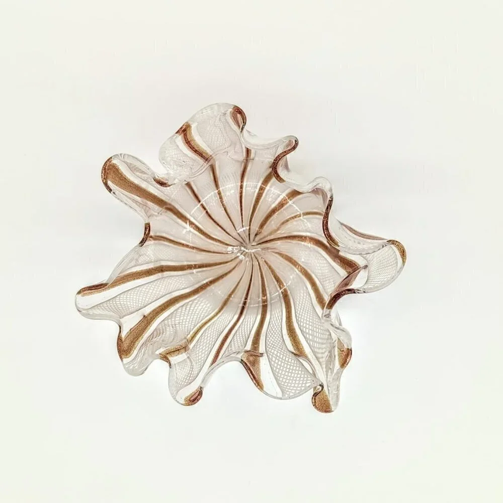 Murano Copper Aventurine White Latticino Handkerchief Glass Candle Holder